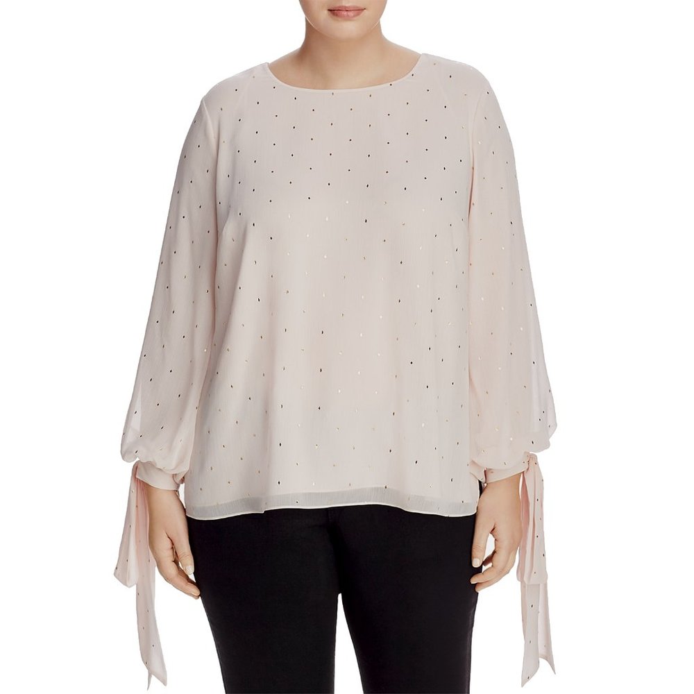 NWT Womens Plus Size 2X Vince Camuto Hush Pink Gilded Diamonds Tie Cuff Blouse